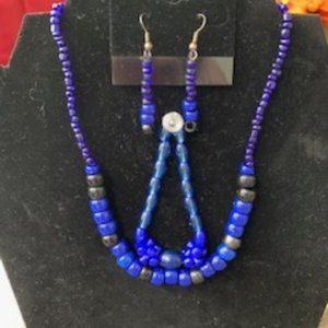 Handmade Blue Bead necklace, bracelet & earring set